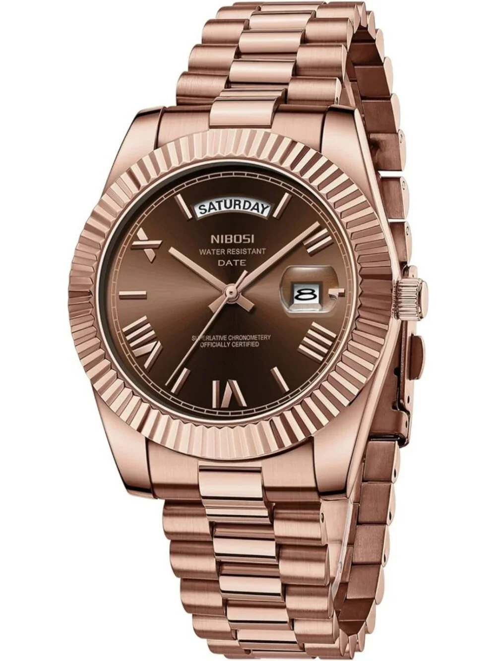Luxury Men's Analog Quartz Watch - Rose Gold Stainless Steel, Waterproof, Brown